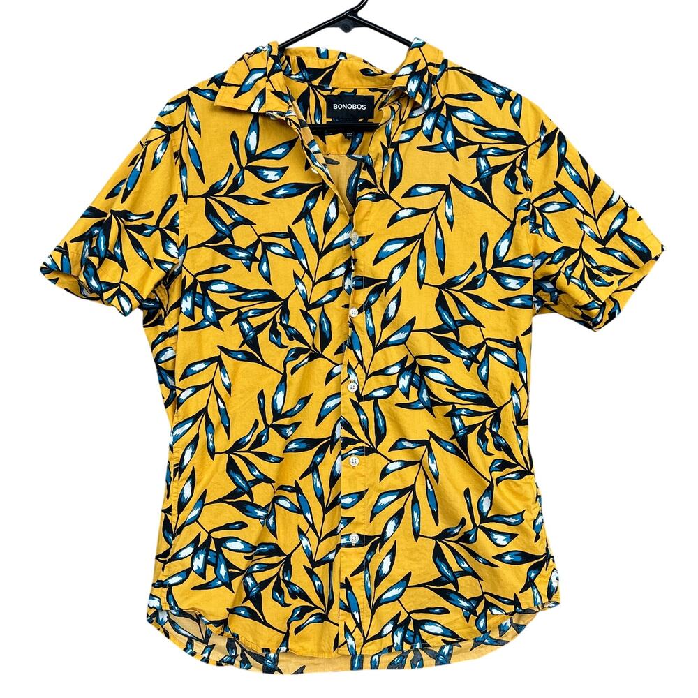 Bonobos Mens Shirt Yellow Blue Floral Slim Fit Button Down Short Sleeve Medium